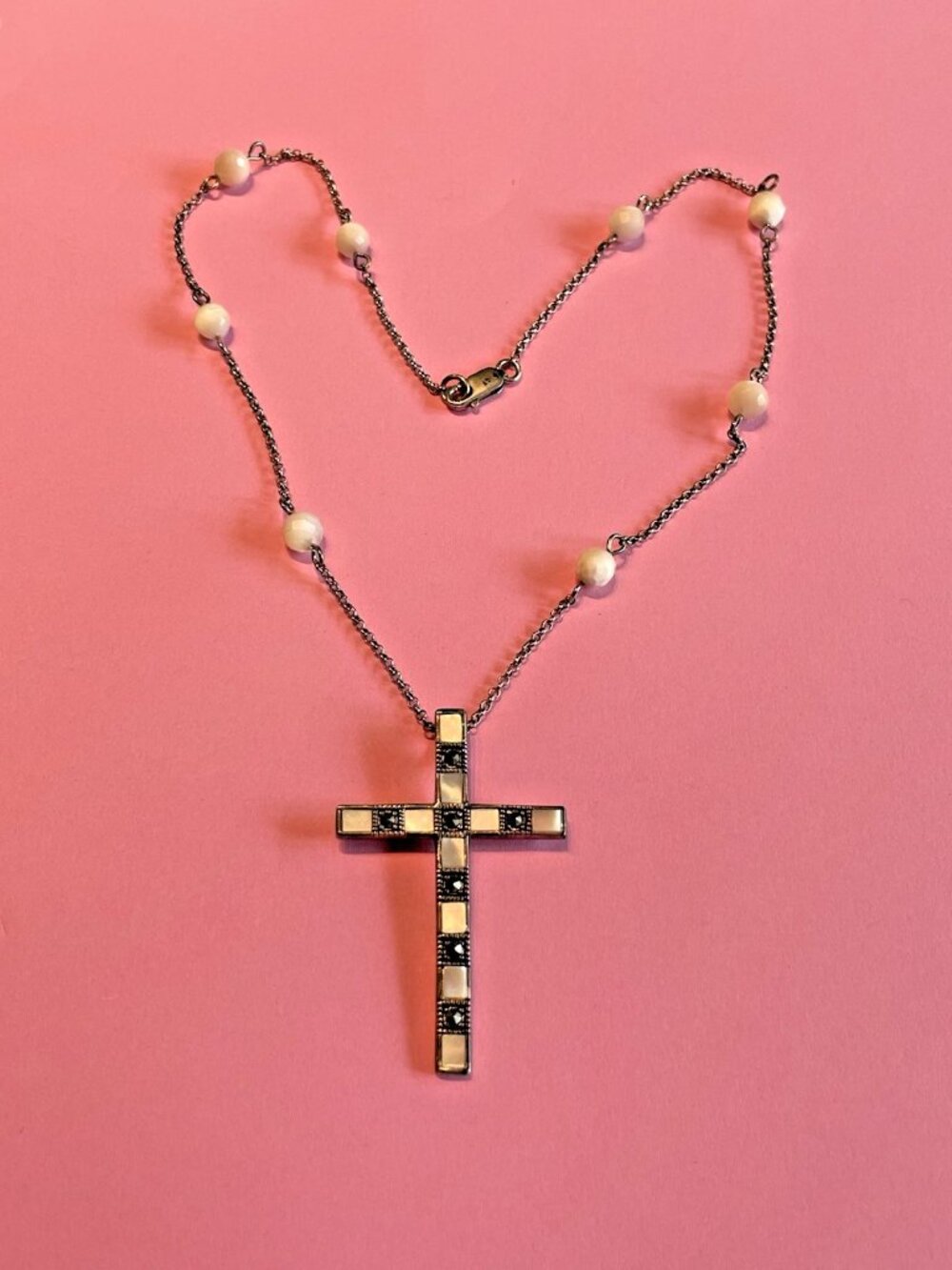 Vtg Sterling Silver Marcasite Cross Pendant Mother of Pearl 16” Necklace